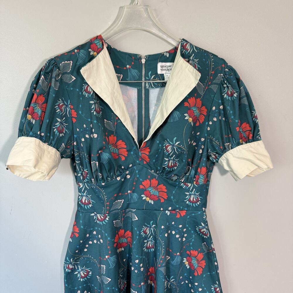 Unique Vintage Swing Dress Blue Short Puff Sleeve Green Floral Cottagecore M 6-8 - Picture 3 of 8